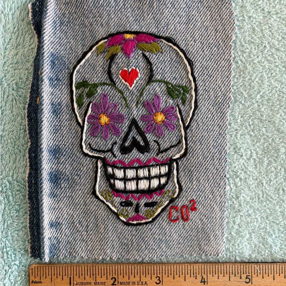 Embroidered Día de los Muertos Skull Patch on Denim, signed CO2 (Chaos & Order)